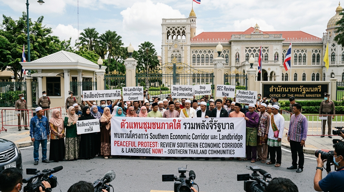 ชุมนุมหน้าทำเนียบฯ! เครือข่ายภาคใต้จี้รัฐบาลทบทวนแลนด์บริดจ์ & พ.ร.บ. SEC
